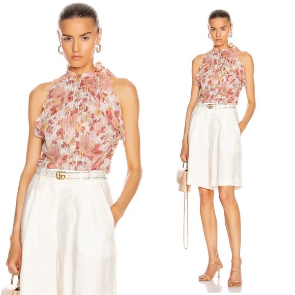 Veronica Beard Tops - VERONICA BEARD Dali Top Floral Silk Sz 6 Pink Metallic Tie Neck Sleeveless Bouse
